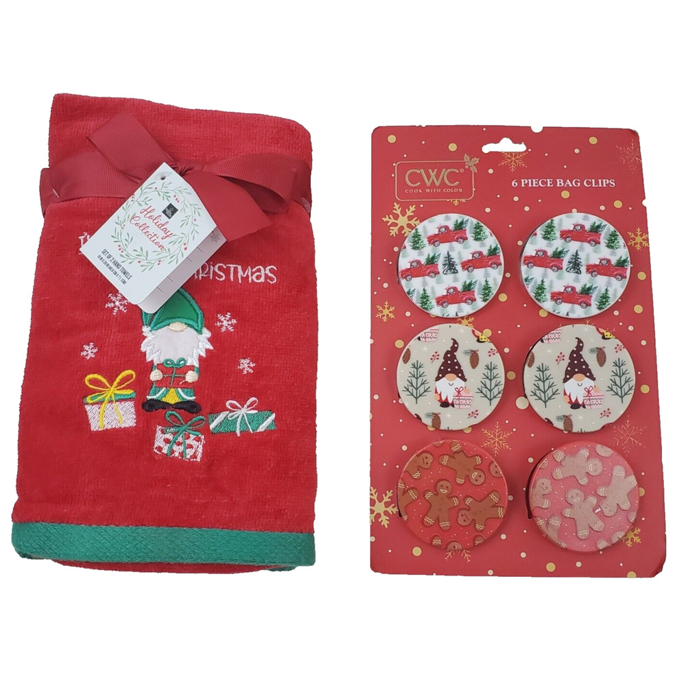 Home Wear Hand Towels & 6 PCS Bag Clips Adult's Home Gnome Holiday New Christmas